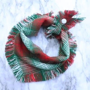 JOVIE- Frayed Flannel Dog Bandana I Green Red Christmas Tan Pet Scarf I Dog Accessories Plaid WinterCat Tie On Fringe Neckwear