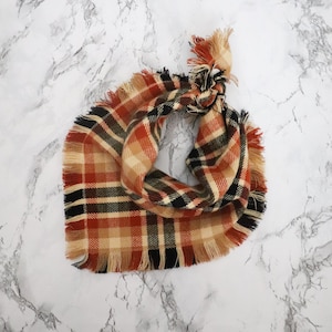 GAIA- Frayed Flannel Dog Bandana I Orange Black Tan Checkered Pet Scarf I Dog Accessories Plaid Spring Summer Cat Tie On Fringe Neckwear