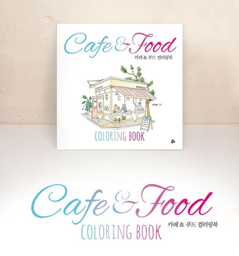May include: A coloring book with a pink and blue gradient title "Cafe & Food" and the text "카페 & 푸드 컬러링북" in Korean. The cover features a line drawing of a cafe with a sign that says "Espresso".