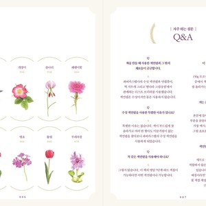 Op de afbeelding: Een pagina uit een boek met illustraties van verschillende bloemen. De bloemen zijn in het Koreaans gelabeld. De pagina bevat ook een Q&A-sectie met vragen en antwoorden in het Koreaans.