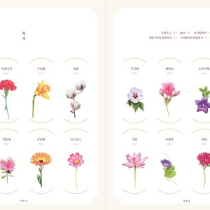 Op de afbeelding: Een verzameling van 18 aquarel illustraties van verschillende bloemen, elk met zijn Koreaanse naam erboven geschreven. De bloemen zijn gerangschikt in een rasterpatroon op een witte achtergrond.