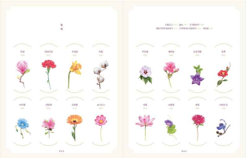 Op de afbeelding: Een verzameling van 18 aquarel illustraties van verschillende bloemen, elk met zijn Koreaanse naam erboven geschreven. De bloemen zijn gerangschikt in een rasterpatroon op een witte achtergrond.
