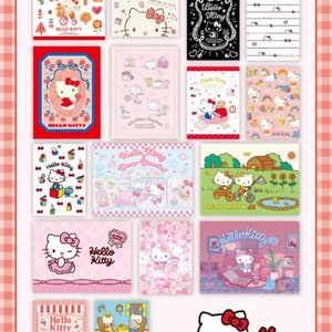May include: A set of 16 Hello Kitty postcards featuring various designs. The postcards are all pink and white with Hello Kitty illustrations. The text on the postcards reads "Hello Kitty".