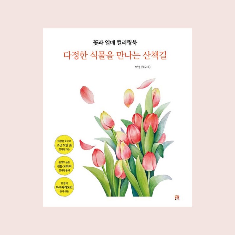 K&ouml;nnte beinhalten: Ein Cover f&uuml;r ein Malbuch mit einem Strau&szlig; rosa und gelber Tulpen mit gr&uuml;nen Bl&auml;ttern und verstreuten Bl&uuml;tenbl&auml;ttern. Der Titel des Buches lautet "Flowers and Fruits Coloring Book: A Walk Through Nature" in Koreanisch.