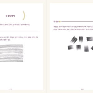 Op de afbeelding: Een zwart-wit afbeelding van een reeks parallelle lijnen, gevolgd door een zwart-wit afbeelding van een reeks korte, dikke lijnen in een verspreid patroon. De tekst "선 연습하기" staat in het zwart bovenaan de pagina. De tekst "선 연습" staat in het zwart onderaan de pagina.