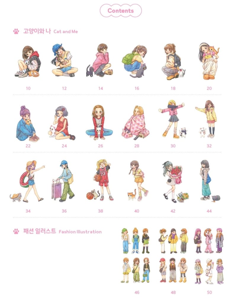 Puede incluir: Una colecci&oacute;n de ilustraciones que presentan a una ni&ntilde;a con un gato. Las ilustraciones son de estilo de dibujos animados y presentan una variedad de escenas, incluyendo a la ni&ntilde;a jugando con el gato, la ni&ntilde;a usando diferentes atuendos y la ni&ntilde;a en diferentes entornos. Las ilustraciones est&aacute;n numeradas del 10 al 50.