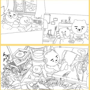May include: A black and white line drawing of a cartoon bear wearing headphones and listening to music on a couch. The bear is surrounded by various objects, including a record player, a plant, and a cup of coffee.
