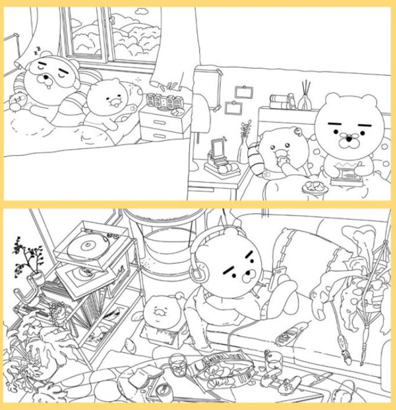 May include: A black and white line drawing of a cartoon bear wearing headphones and listening to music on a couch. The bear is surrounded by various objects, including a record player, a plant, and a cup of coffee.