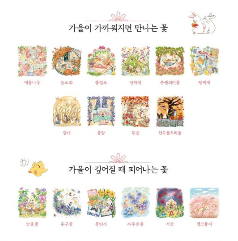 以下が含まれることがあります： 秋が近づくと咲く花をイラストにしたものです。花はグリッド状に配置され、それぞれの花の韓国語名が下に書かれています。画像の上部にあるテキストは「秋が近づくと咲く花」と書いてあります。