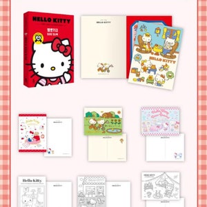 May include: A set of Hello Kitty postcards featuring various illustrations of Hello Kitty and her friends. The postcards are blank on the back for writing messages. The set includes a book with Hello Kitty on the cover.