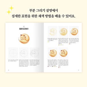 May include: A book page with instructions on how to draw a sleeping fox. The page shows a step-by-step guide on how to draw the fox's fur, using a circle as a guide. The text in Korean reads "부분 그리기 설명에서 섬세한 표현을 위한 채색 방법을 배울 수 있어요. 동물의 털 표현하기" which translates to "You can learn how to color with delicate expressions from the partial drawing explanation. Animal fur expression"