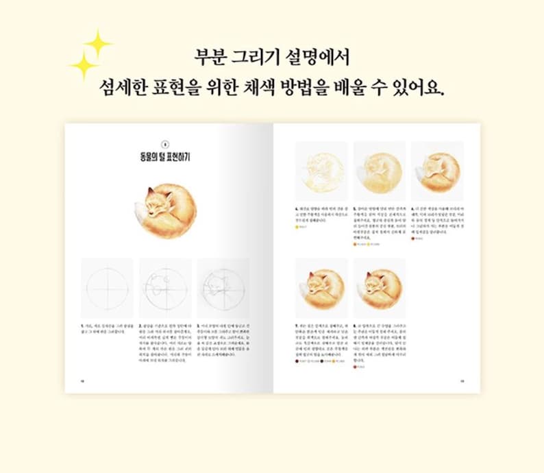 May include: A book page with instructions on how to draw a sleeping fox. The page shows a step-by-step guide on how to draw the fox's fur, using a circle as a guide. The text in Korean reads "부분 그리기 설명에서 섬세한 표현을 위한 채색 방법을 배울 수 있어요. 동물의 털 표현하기" which translates to "You can learn how to color with delicate expressions from the partial drawing explanation. Animal fur expression"