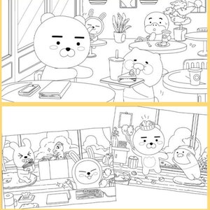 May include: Black and white line art illustration of cartoon bears and rabbits in a cafe setting. The bears and rabbits are wearing clothes and holding food and drinks. The illustration is perfect for coloring.