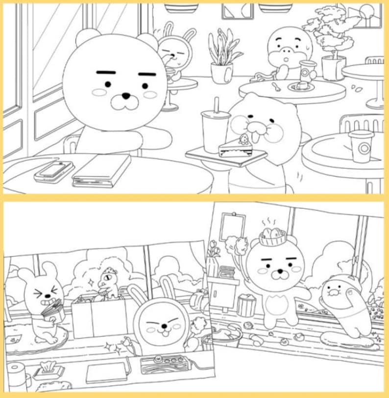 May include: Black and white line art illustration of cartoon bears and rabbits in a cafe setting. The bears and rabbits are wearing clothes and holding food and drinks. The illustration is perfect for coloring.