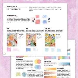 May include: A page from a coloring book with instructions on how to use colored pencils. The page is divided into sections with titles like "Hatching", "Cross Hatching", "Blending", and "Color Gradient". Each section has a small illustration and a description of the technique.