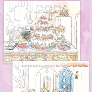 May include: A coloring page featuring a group of bears celebrating with a cake and a table full of treats. The bears are wearing clothes and have happy expressions. The text on the page reads "곰돌이 형제들과 동물 마음을 여행해 보세요."