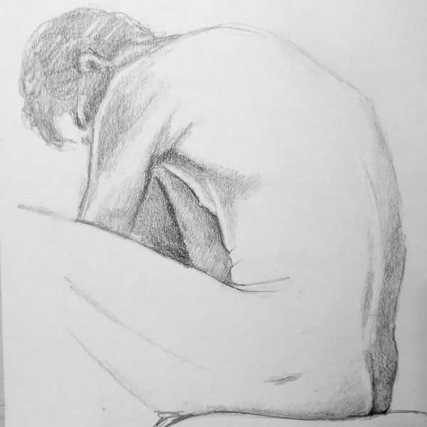 Nudeart man drawing, life sketch of naked man, male nude back view sketch, sitting nude man sketch, sitting nude pencil drawing, nude of man