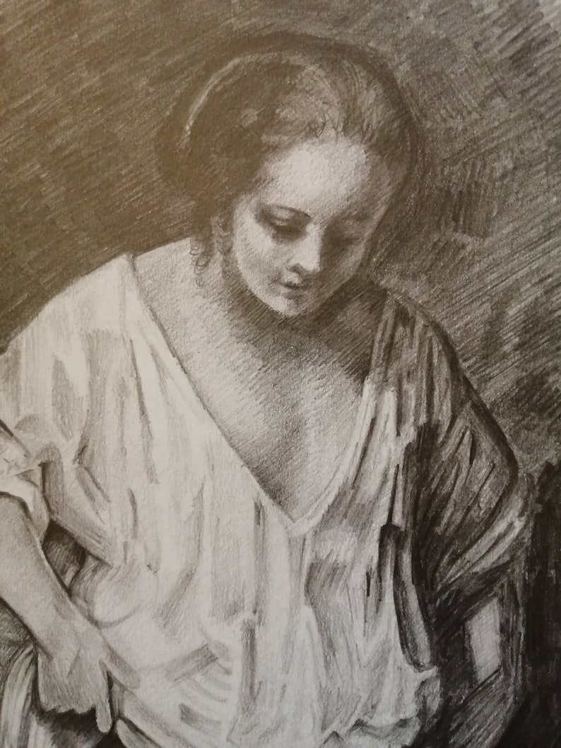 Girl Getting in Water Pencil Drawing, Classics Art Study Drawing