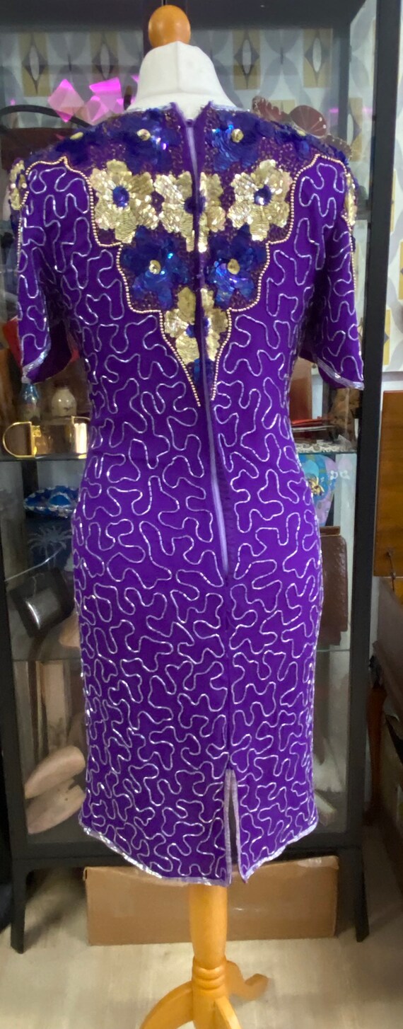 Vintage purple silk bias cut beaded dress with bold g… Gem