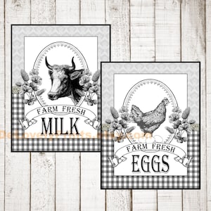 Vintage Farm Fresh Milk and Eggs - Black and White Plaid Farmhouse PRINTABLE ART Sings, sizes 8x10 and 8.5x11, grayscale, Cows, Chickens,