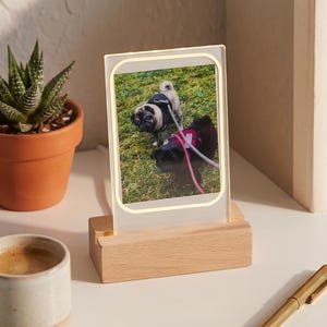 May include: A rectangular acrylic photo frame with a glowing LED border, mounted on a light-colored wooden base. The frame displays a photograph of two pugs on leashes walking on grass. The frame is positioned on a white surface next to a pen.