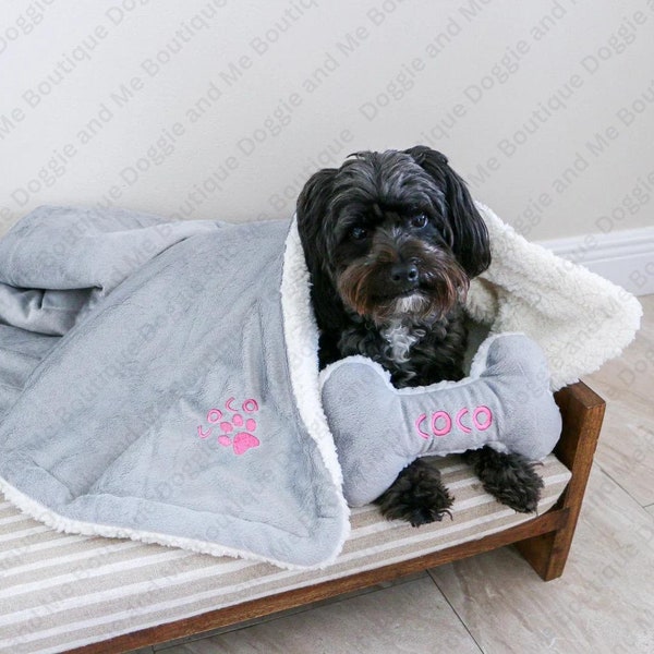 Custom Dog Blanket, Personalized dog blanket with dog bone plush