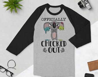 Unisex 3/4 mouw Comfy Loszittende Volwassen Leuke Grappige Koala Officieel Uitgecheckt Humoristisch Grafisch Ontwerp Ragland Honkbal T-shirt