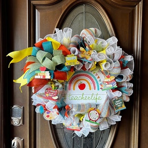 Teacher Life Rainbow Rust, Teal and Yellow Back to School Contemporary Classroom Burlap Ribbon and Deco Mesh Medium Size Round Door Wreath
