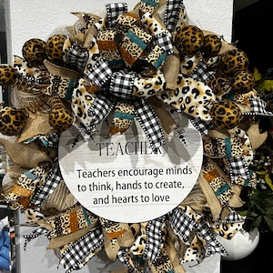 Back to School Teacher Leopard Print and Burlap Black and White Gingham Medium Size Classroom Deco Mesh and Ribbon Welcome Door Wreath