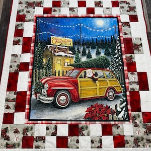 Classic Christmas Santa Red Truck Panel Patchwork Cotton blocks free motion quilted Twin-size Quilt or Throw Blanket