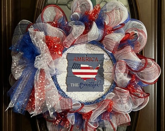 Memorial Day, Fourth of July, Independence Day America the Beautiful Rosso, Bianco, Blu Decorativo Deco Mesh & Tulle Ribbon Front Door Wreath