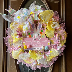 Hoppy Easter Pink and Yellow Deco Mesh Easter Wreath