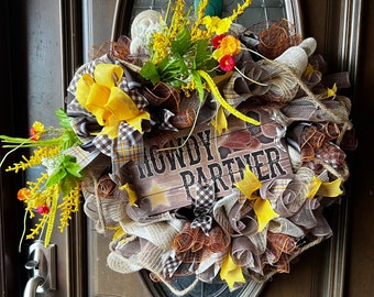 Western Cowboy Country Rustic Wildflower Burlap Howdy Partner Lasso Ribbon Brown Cream Yellow Deco Mesh Entryway Door Wall Hanging Wreath