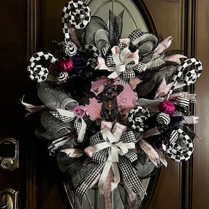 Halloween Black Cat Pink Checkered and Plaid Contemporary Shabby Chic Holiday Medium Size Deco Mesh Front Door Entryway One of a kind Wreath