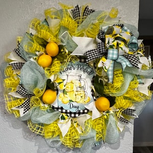 Kitchen Yellow Lemonade Pitcher Perfect Day Yellow, Blue, Black and White Gingham Country Chic Farmhouse Style Sunny Deco Mesh Summer Wreath