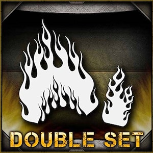 May include: A double set of white flame stencils. The stencils are in the shape of flames with rounded edges. The text "DOUBLE SET" is printed in yellow at the bottom of the image.