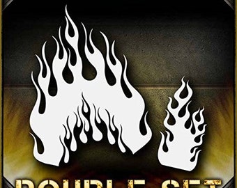 May include: A double set of white flame stencils. The stencils are in the shape of flames with rounded edges. The text "DOUBLE SET" is printed in yellow at the bottom of the image.
