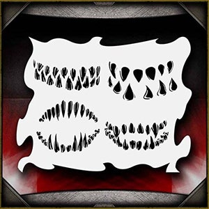 May include: A set of four stencils featuring different styles of teeth, perfect for creating a spooky or monstrous look. The stencils are made of durable plastic and are reusable.
