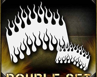 May include: A double set of flame stencils for crafting and decorating. The stencils are made of white plastic and feature a repeating pattern of flames.