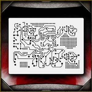 May include: A black and white stencil of a circuit board design. The design features a complex network of lines and dots, resembling a computer chip.