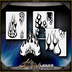May include: Set of four flame stencils for crafting and decorating. The stencils are made of durable plastic and are reusable. The stencils feature different sizes and styles of flames.