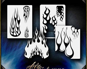 May include: Set of four flame stencils for crafting and decorating. The stencils are made of durable plastic and are reusable. The stencils feature different sizes and styles of flames.