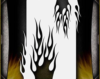 May include: A black and white stencil of flames. The stencil is made of a thin, flexible material and is designed for use with paint or other mediums.