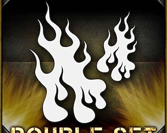 May include: A double set of white flame stencils. The stencils are in the shape of flames with a dripping effect. The stencils are on a dark background with the words "DOUBLE SET" printed in white at the bottom.