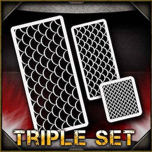 May include: A set of three white stencils with a repeating pattern of overlapping circles. The stencils are arranged in a staggered pattern. The text "TRIPLE SET" is printed in yellow at the bottom of the image.