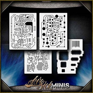 May include: Four white stencils with circuit board designs. The stencils are for use with paint or other mediums to create a circuit board effect on a surface.