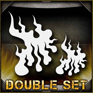 May include: Double set of white flame stencils. The stencils are cut from a durable material and are perfect for creating unique designs on a variety of surfaces.