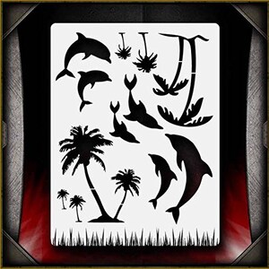 May include: A black and white stencil featuring a variety of tropical elements, including palm trees, dolphins, and a hanging palm tree. The stencil is designed for use with paint or other mediums to create a decorative design.