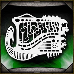 May include: White stencil of a stylized creature with a circuit board design and three heads. The creature has a long, curved tail and a series of teeth on each head.