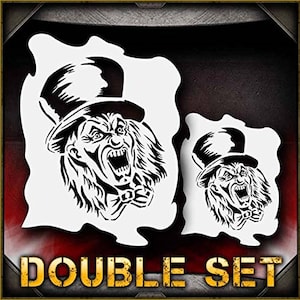 May include: A double set of stencils featuring a scary clown with a top hat and a wide grin. The stencils are made of durable plastic and are perfect for creating spooky Halloween decorations.